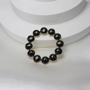 Elegant black bead circle brooch pin enamel metal round scarf buckle vintage fashion jewelry