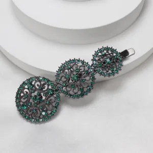 Green rhinestone hairpin vintage hollow round metal barrette elegant hair clip for women