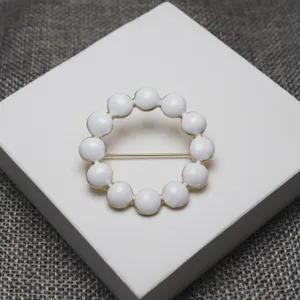 White enamel beaded circle brooch minimalist geometric lapel pin scarf buckle accessory