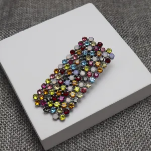 Detailed view of a stunning multi-color crystal rhinestone hairpin duckbill hair clip.