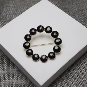 Black enamel dot circle round brooch pin tambourine wreath scarf buckle stylish accessory