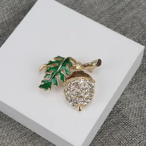Vintage Ghianda Foglia Strass Spilla Smaltato Dorato Botanico Gioielli Spilla per Abbigliamento