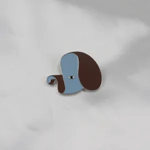 Cute abstract dog enamel brooch pin, stylish blue and brown metallic lapel accessory.