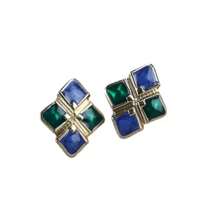 Pendientes de tuerca esmaltados geométricos barrocos vintage con piedras azules y verdes moda mujer.