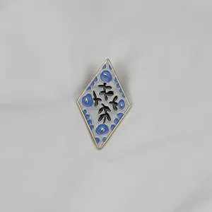 Diamond enamel brooch with blue white floral design stylish metal pin fashion accessory