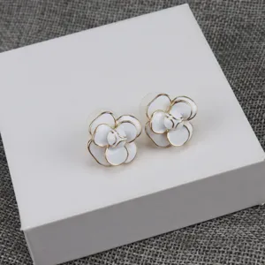 French Vintage Camellia Enamel Stud Earrings Alloy Gold Plated 925 Silver Post Flower Earrings Fashion Jewelry Women Gift