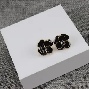 Black camellia flower earrings with gold trim vintage style elegant eardrop for women
