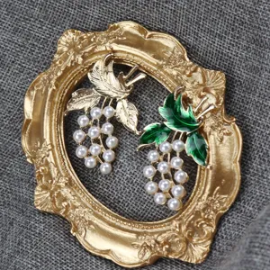 Vintage pearl grape brooch set, elegant gold-plated enamel plant pin for women apparel.