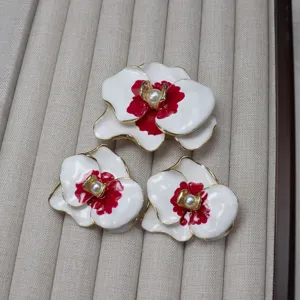Vintage Enamel Orchid Brooch Earrings Set Artificial Pearl Gold Plated Zinc Alloy Floral Jewelry For Women