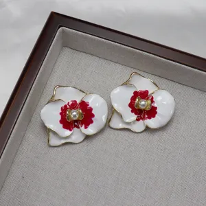 Vintage enamel pearl orchid flower earrings brooch set, elegant white and red floral jewelry.