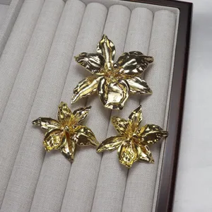Metal 3D iris flower brooch earrings jewelry set detail view, elegant gold finish design.