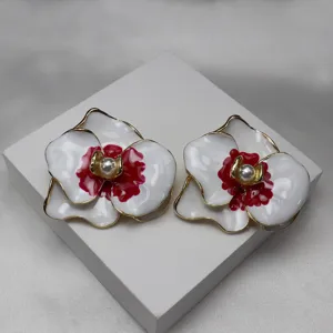 Vintage enamel pearl orchid flower earrings set, gorgeous gold plated floral jewelry.