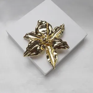 Gold metallic iris flower brooch pendant, elegant statement jewelry piece for women daily and parties.