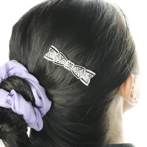 French vintage silver bow hair clip with sparkling rhinestones, elegant hair accessories.