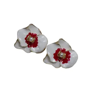 Vintage enamel pearl orchid flower earrings elegant gold trim floral design jewelry gift