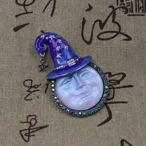 Vintage Moon Face Witch Hat Brooch Pendant Blue Enamel Rhinestone Magic Jewelry Pin