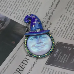 Vintage Moon Face Wizard Hat Brooch Pendant Iridescent Crystal Antique Silver Jewelry Gift