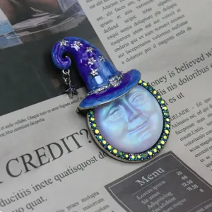 Vintage blue moon wizard hat brooch, detailed rhinestones, antique silver finish detail.