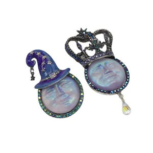 Vintage moon face rhinestone brooch pendant magical crown wizard hat crystal jewelry