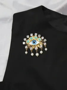 Evil eye rhinestone pearl brooch vintage gold tone metal crystal decorative lapel pin.