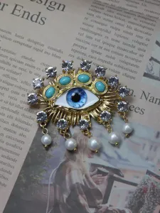 Evil eye brooch vintage gold metal crystal turquoise blue eye pearl pendant jewelry accessory