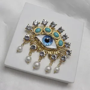 Baroque Vintage Evil Eye Brooch Pin Alloy Rhinestone Artificial Pearl Tassel Fashion Jewelry Accessories For Women