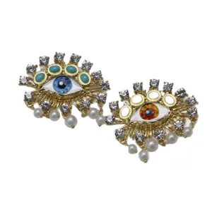 Exquisite baroque pearl devil eye brooch gold rhinestone surrealist designer jewelry piece