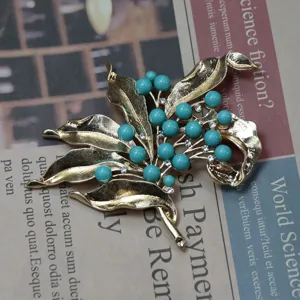 Vintage leaf turquoise rhinestone brooch elegant gold flower pin coat clothing accessory