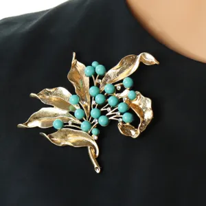Vintage gold tone leaf turquoise bead rhinestone branch brooch pin for women coat dress jewelry