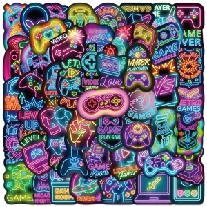 Neon video game waterproof stickers set, colorful vinyl decals for laptop, luggage.