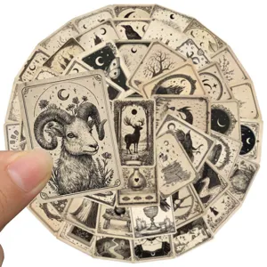 Vintage gothic tarot stickers pack, black and white occult mystical art decals for DIY laptop.