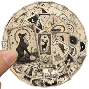 Gothic tarot sticker detail, vintage black and white animal and botanical illustration decal