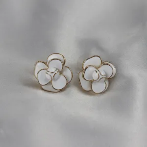 French Vintage Camellia Enamel Stud Earrings Elegant White Flower Jewelry Gift for Women