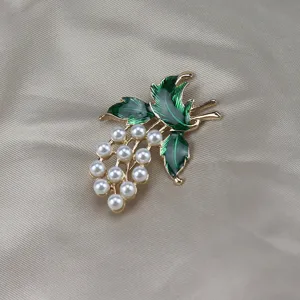 Vintage pearl enamel grape brooch detail, gold metal leaf pin for women clothing accessories