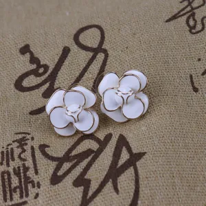 White camellia enamel stud earrings French vintage elegant floral earrings detail view
