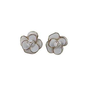 Elegant white camellia flower enamel earrings with gold trim, french retro chic main image view.