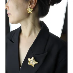 Vintage Gold Lava Star Brooch Earring Set Fashion Women Elegant Jewelry Statement Accessories