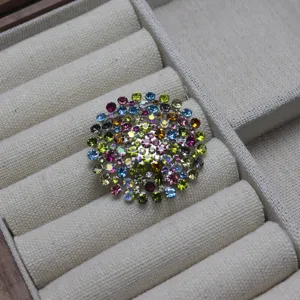Vue rapprochée de la broche ronde en strass colorés, mettant en valeur les détails.