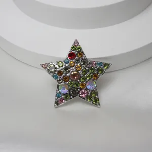 Gros plan détaillé de la broche étoile en strass colorés, montrant des cristaux étincelants.