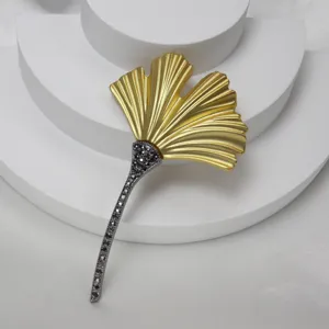 Exquisite rhinestone ginkgo leaf matte gold brooch detail view, elegant botanical jewelry piece.