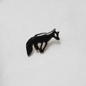 Black metal running horse enamel brooch pin detailed view, perfect for jackets, bags and hats accessory.
