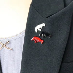 Cute fox enamel lapel pins set, black white red animal brooches for clothes and bags.