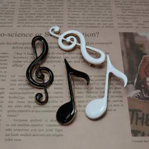 Vintage enamel music note brooch pin set, cute black and white musical symbol jewelry.