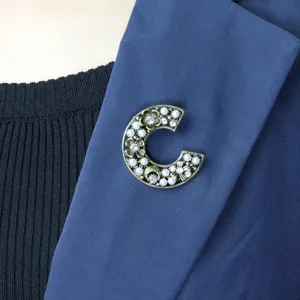 Vintage Alloy Artificial Pearl Rhinestone C Letter Moon Flower Brooch Pin Elegant Fashion Jewelry Gift For Women