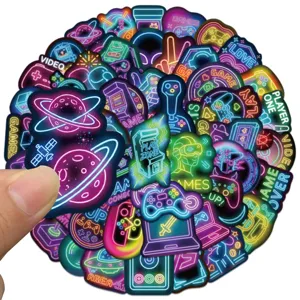 Close-up detail of colorful neon gaming waterproof stickers bundle, vibrant glowing designs.