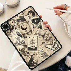 Gothic tarot card style tablet case stickers, aesthetic dark art black and white design decals.