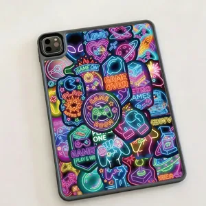 Colorful neon gaming tablet case cover vibrant retro video game style design for iPad protection