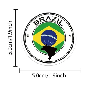 Gedetailleerde ronde sticker van de Braziliaanse vlag met landkaart en afmetingen.