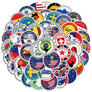 Wereldreis nationale vlaggen en monumenten decoratieve stickers details voor laptops en koffers.