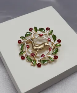 Vintage Emaillierte Strass Weihnachten Hirsch Brosche Pin, elegante Feiertag Geschenke.